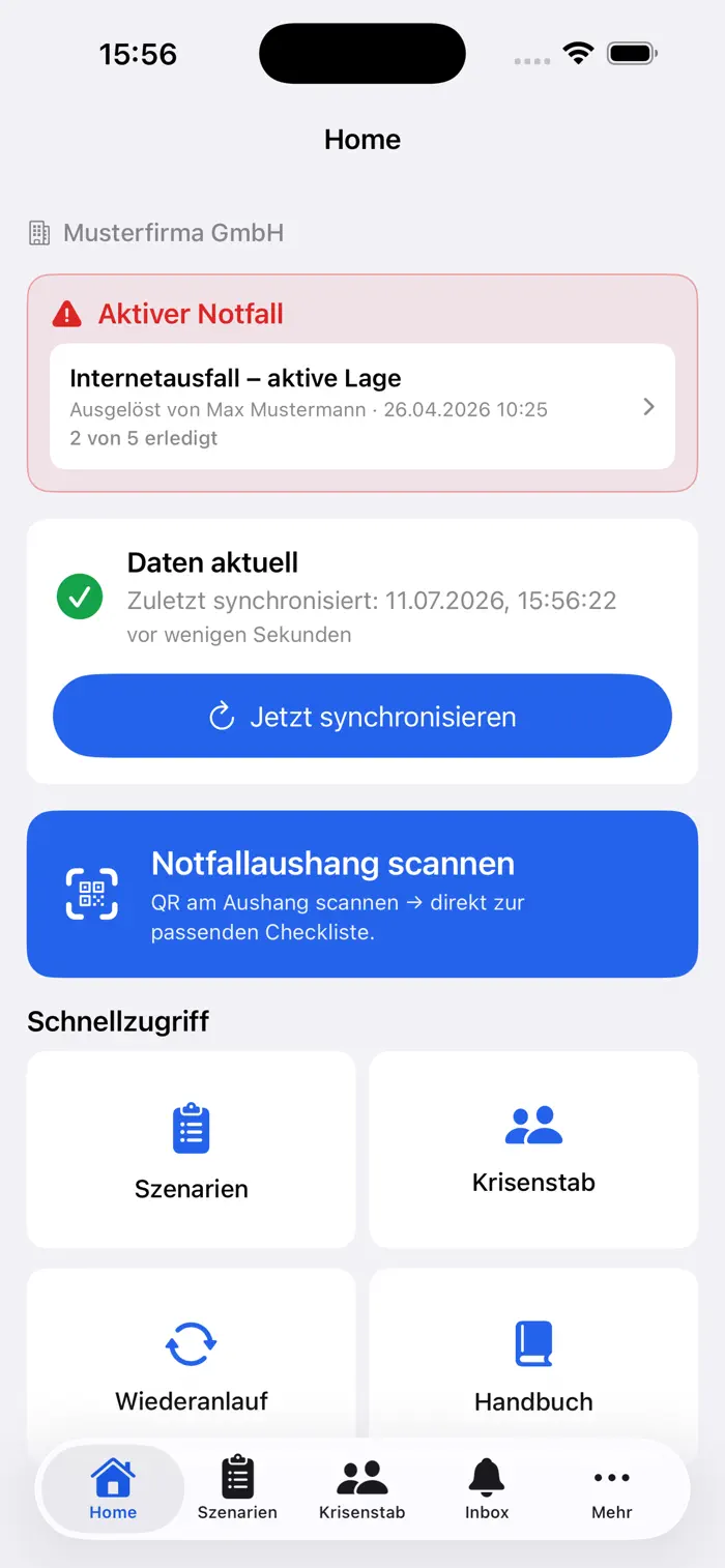 Home: aktiver Notfall, Sync-Status und Schnellzugriff