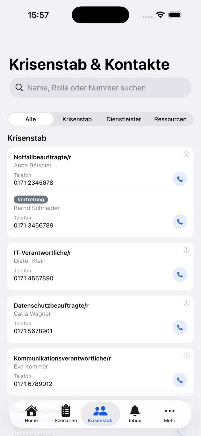 Krisenstab: alle Kontakte, direkt anrufbar